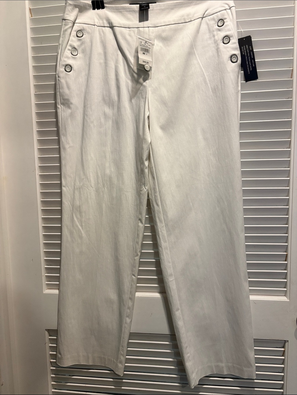 Ashley Stewart White Straight-Leg Button Accent Pants